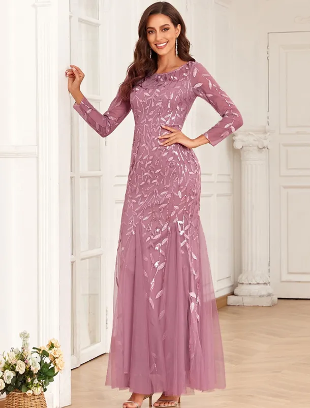 Mermaid Evening Gown Sequin Elegant Dress Wedding Guest Prom Floor Length Long Sleeve Jewel Neck Tulle with Embroidery dress to impress