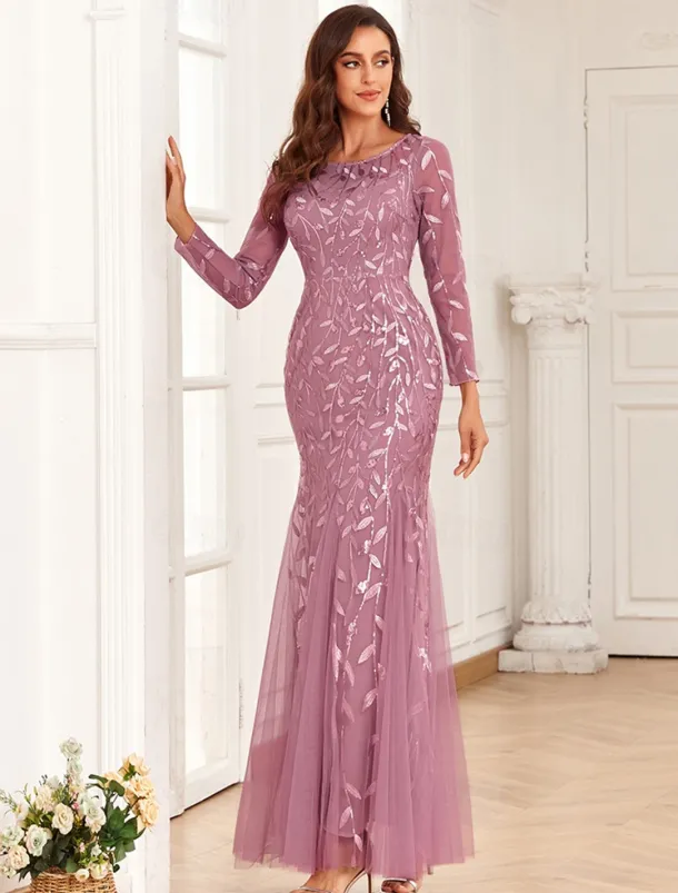Mermaid Evening Gown Sequin Elegant Dress Wedding Guest Prom Floor Length Long Sleeve Jewel Neck Tulle with Embroidery dress to impress