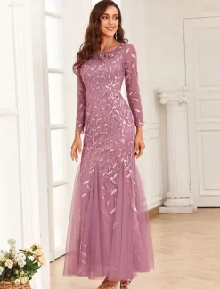 Mermaid Evening Gown Sequin Elegant Dress Wedding Guest Prom Floor Length Long Sleeve Jewel Neck Tulle with Embroidery dress to impress