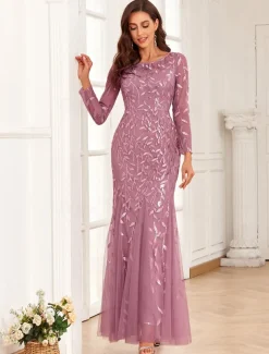 Mermaid Evening Gown Sequin Elegant Dress Wedding Guest Prom Floor Length Long Sleeve Jewel Neck Tulle with Embroidery dress to impress