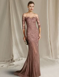 Mermaid Mother of the Bride Dress Formal Wedding Guest Elegant Scoop Neck Sweep / Brush Train Lace Tulle Half Sleeve with Appliques free custom size