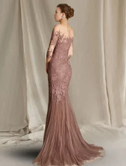 Mermaid Mother of the Bride Dress Formal Wedding Guest Elegant Scoop Neck Sweep / Brush Train Lace Tulle Half Sleeve with Appliques free custom size