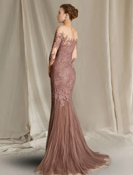 Mermaid Mother of the Bride Dress Formal Wedding Guest Elegant Scoop Neck Sweep / Brush Train Lace Tulle Half Sleeve with Appliques free custom size