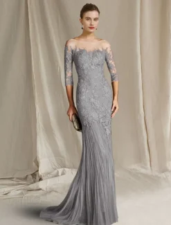 Mermaid Mother of the Bride Dress Formal Wedding Guest Elegant Scoop Neck Sweep / Brush Train Lace Tulle Half Sleeve with Appliques free custom size