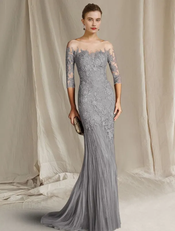 Mermaid Mother of the Bride Dress Formal Wedding Guest Elegant Scoop Neck Sweep / Brush Train Lace Tulle Half Sleeve with Appliques free custom size