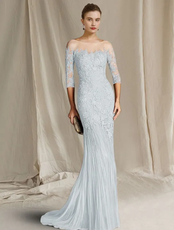 Mermaid Mother of the Bride Dress Formal Wedding Guest Elegant Scoop Neck Sweep / Brush Train Lace Tulle Half Sleeve with Appliques free custom size