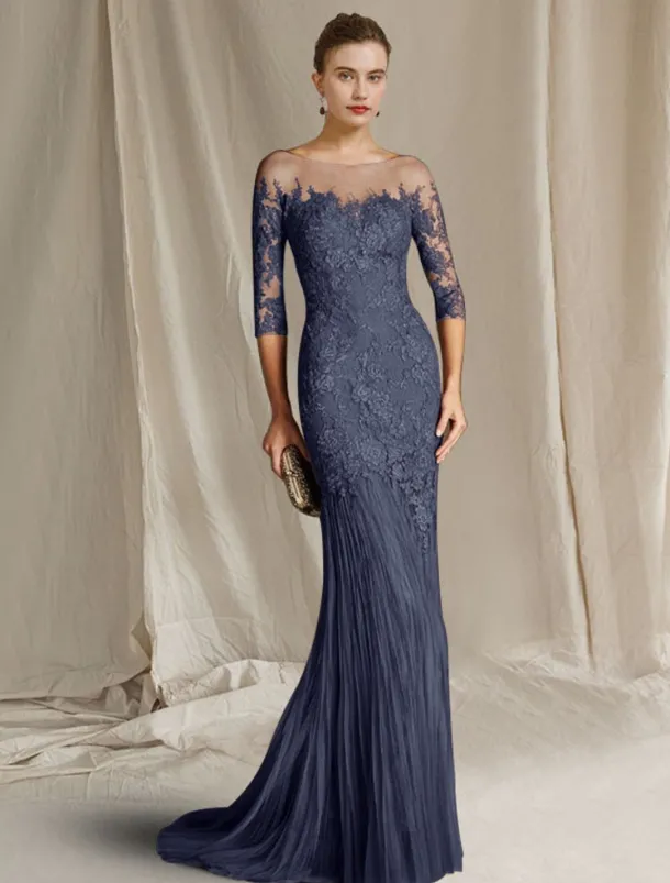 Mermaid Mother of the Bride Dress Formal Wedding Guest Elegant Scoop Neck Sweep / Brush Train Lace Tulle Half Sleeve with Appliques free custom size
