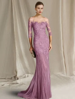 Mermaid Mother of the Bride Dress Formal Wedding Guest Elegant Scoop Neck Sweep / Brush Train Lace Tulle Half Sleeve with Appliques free custom size
