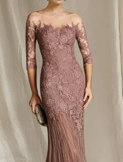 Mermaid Mother of the Bride Dress Formal Wedding Guest Elegant Scoop Neck Sweep / Brush Train Lace Tulle Half Sleeve with Appliques free custom size