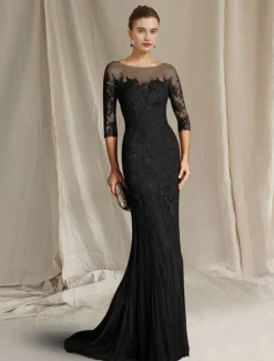 Mermaid Mother of the Bride Dress Formal Wedding Guest Elegant Scoop Neck Sweep / Brush Train Lace Tulle Half Sleeve with Appliques free custom size