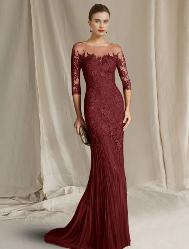 Mermaid Mother of the Bride Dress Formal Wedding Guest Elegant Scoop Neck Sweep / Brush Train Lace Tulle Half Sleeve with Appliques free custom size