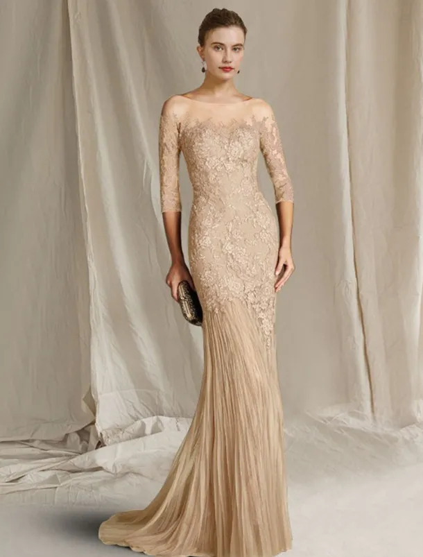Mermaid Mother of the Bride Dress Formal Wedding Guest Elegant Scoop Neck Sweep / Brush Train Lace Tulle Half Sleeve with Appliques free custom size