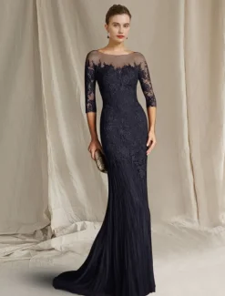 Mermaid Mother of the Bride Dress Formal Wedding Guest Elegant Scoop Neck Sweep / Brush Train Lace Tulle Half Sleeve with Appliques free custom size