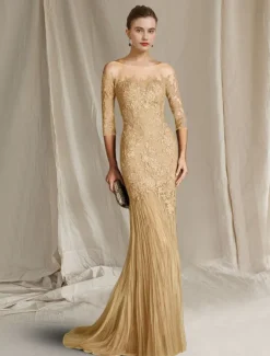Mermaid Mother of the Bride Dress Formal Wedding Guest Elegant Scoop Neck Sweep / Brush Train Lace Tulle Half Sleeve with Appliques free custom size