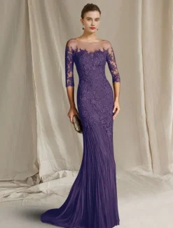 Mermaid Mother of the Bride Dress Formal Wedding Guest Elegant Scoop Neck Sweep / Brush Train Lace Tulle Half Sleeve with Appliques free custom size
