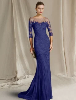 Mermaid Mother of the Bride Dress Formal Wedding Guest Elegant Scoop Neck Sweep / Brush Train Lace Tulle Half Sleeve with Appliques free custom size