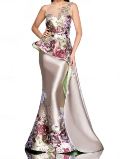 Mermaid Peplum Dress Evening Gown Elegant Dress Wedding Wedding Guest Floor Length Sleeveless Crew Neck Satin with Floral Print and Embroidered Lace