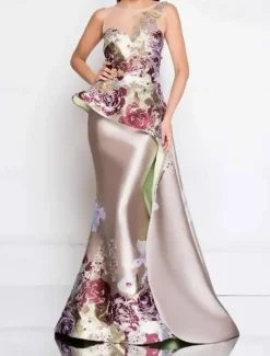 Mermaid Peplum Dress Evening Gown Elegant Dress Wedding Wedding Guest Floor Length Sleeveless Crew Neck Satin with Floral Print and Embroidered Lace