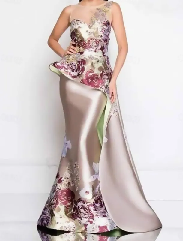 Mermaid Peplum Dress Evening Gown Elegant Dress Wedding Wedding Guest Floor Length Sleeveless Crew Neck Satin with Floral Print and Embroidered Lace