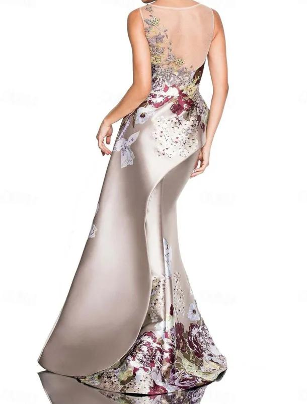 Mermaid Peplum Dress Evening Gown Elegant Dress Wedding Wedding Guest Floor Length Sleeveless Crew Neck Satin with Floral Print and Embroidered Lace