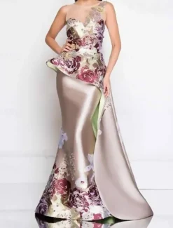 Mermaid Peplum Dress Evening Gown Elegant Dress Wedding Wedding Guest Floor Length Sleeveless Crew Neck Satin with Floral Print and Embroidered Lace