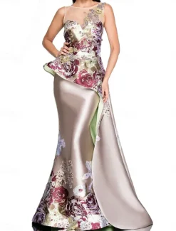 Mermaid Peplum Dress Evening Gown Elegant Dress Wedding Wedding Guest Floor Length Sleeveless Crew Neck Satin with Floral Print and Embroidered Lace