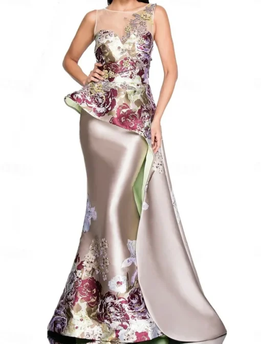 Mermaid Peplum Dress Evening Gown Elegant Dress Wedding Wedding Guest Floor Length Sleeveless Crew Neck Satin with Floral Print and Embroidered Lace
