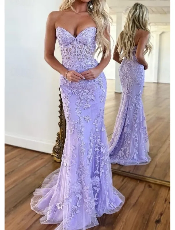 Mermaid Prom Dresses Glittering Dress Evening Party Sweep / Brush Train Sleeveless Strapless Lace Backless with Appliques