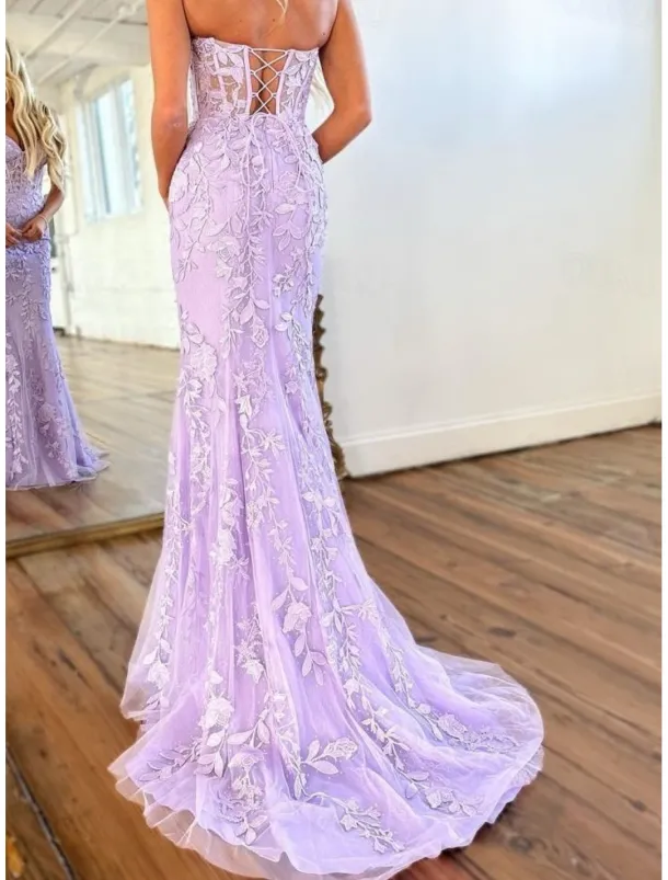 Mermaid Prom Dresses Glittering Dress Evening Party Sweep / Brush Train Sleeveless Strapless Lace Backless with Appliques