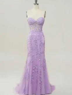 Mermaid Prom Dresses Glittering Dress Evening Party Sweep / Brush Train Sleeveless Strapless Lace Backless with Appliques