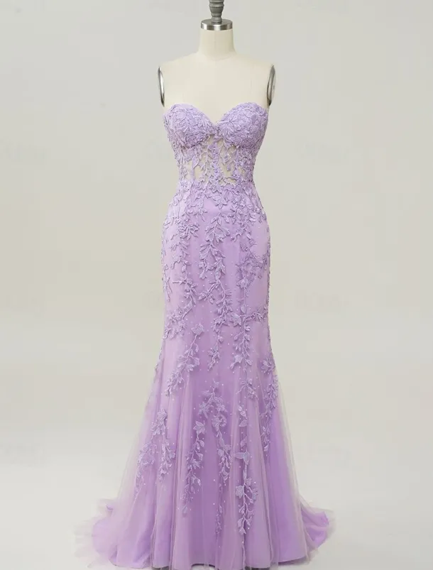 Mermaid Prom Dresses Glittering Dress Evening Party Sweep / Brush Train Sleeveless Strapless Lace Backless with Appliques