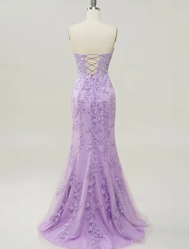 Mermaid Prom Dresses Glittering Dress Evening Party Sweep / Brush Train Sleeveless Strapless Lace Backless with Appliques