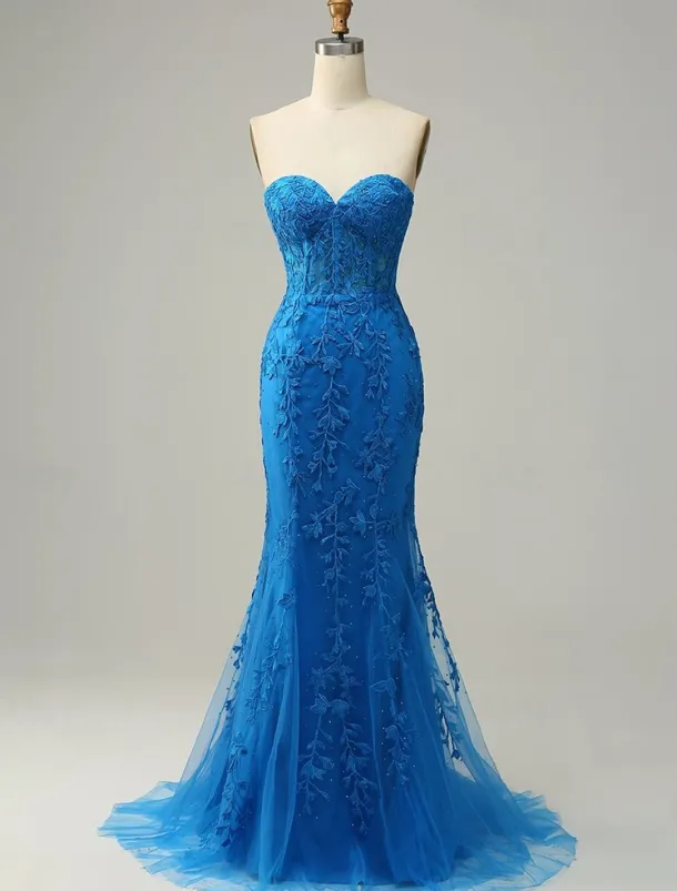 Mermaid Prom Dresses Glittering Dress Evening Party Sweep / Brush Train Sleeveless Strapless Lace Backless with Appliques