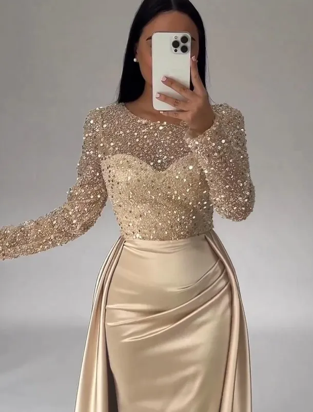 Mermaid Sequin Evening Gown RuchedSatin Dress Long Sleeves Masquerade Floor Length Illusion Neck with Pearls Overskirt dress