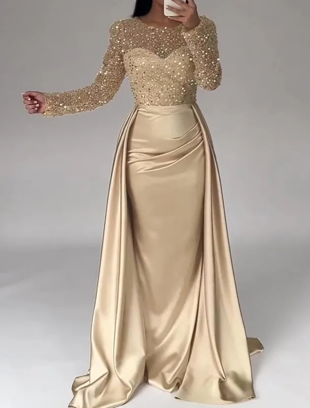 Mermaid Sequin Evening Gown RuchedSatin Dress Long Sleeves Masquerade Floor Length Illusion Neck with Pearls Overskirt dress