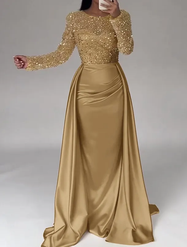 Mermaid Sequin Evening Gown RuchedSatin Dress Long Sleeves Masquerade Floor Length Illusion Neck with Pearls Overskirt dress