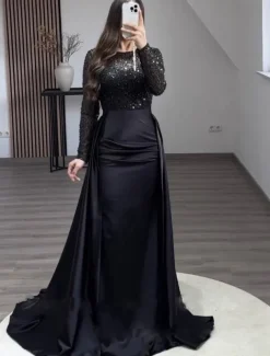Mermaid Sequin Evening Gown RuchedSatin Dress Long Sleeves Masquerade Floor Length Illusion Neck with Pearls Overskirt dress