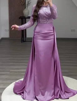 Mermaid Sequin Evening Gown RuchedSatin Dress Long Sleeves Masquerade Floor Length Illusion Neck with Pearls Overskirt dress