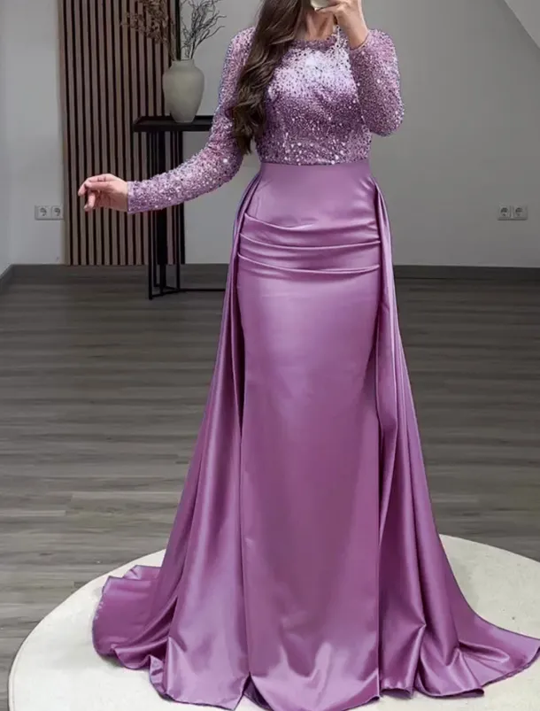 Mermaid Sequin Evening Gown RuchedSatin Dress Long Sleeves Masquerade Floor Length Illusion Neck with Pearls Overskirt dress