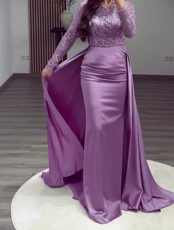 Mermaid Sequin Evening Gown RuchedSatin Dress Long Sleeves Masquerade Floor Length Illusion Neck with Pearls Overskirt dress