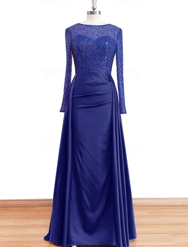 Mermaid Sequin Evening Gown RuchedSatin Dress Long Sleeves Masquerade Floor Length Illusion Neck with Pearls Overskirt dress