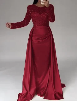 Mermaid Sequin Evening Gown RuchedSatin Dress Long Sleeves Masquerade Floor Length Illusion Neck with Pearls Overskirt dress
