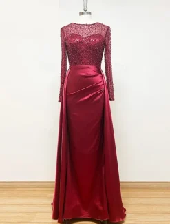 Mermaid Sequin Evening Gown RuchedSatin Dress Long Sleeves Masquerade Floor Length Illusion Neck with Pearls Overskirt dress