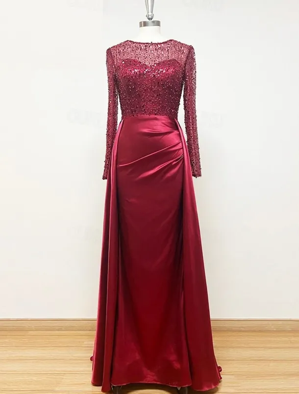 Mermaid Sequin Evening Gown RuchedSatin Dress Long Sleeves Masquerade Floor Length Illusion Neck with Pearls Overskirt dress