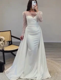 Mermaid Sequin Evening Gown RuchedSatin Dress Long Sleeves Masquerade Floor Length Illusion Neck with Pearls Overskirt dress