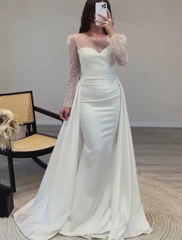 Mermaid Sequin Evening Gown RuchedSatin Dress Long Sleeves Masquerade Floor Length Illusion Neck with Pearls Overskirt dress