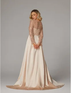 Mermaid Sequin Evening Gown RuchedSatin Dress Long Sleeves Masquerade Floor Length Illusion Neck with Pearls Overskirt dress