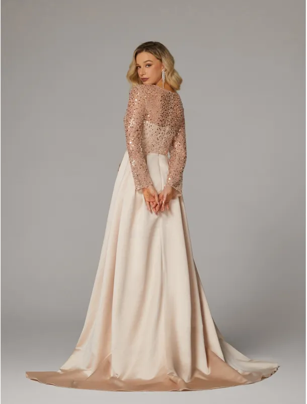 Mermaid Sequin Evening Gown RuchedSatin Dress Long Sleeves Masquerade Floor Length Illusion Neck with Pearls Overskirt dress