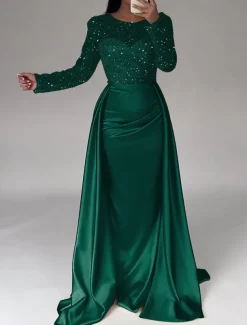 Mermaid Sequin Evening Gown RuchedSatin Dress Long Sleeves Masquerade Floor Length Illusion Neck with Pearls Overskirt dress