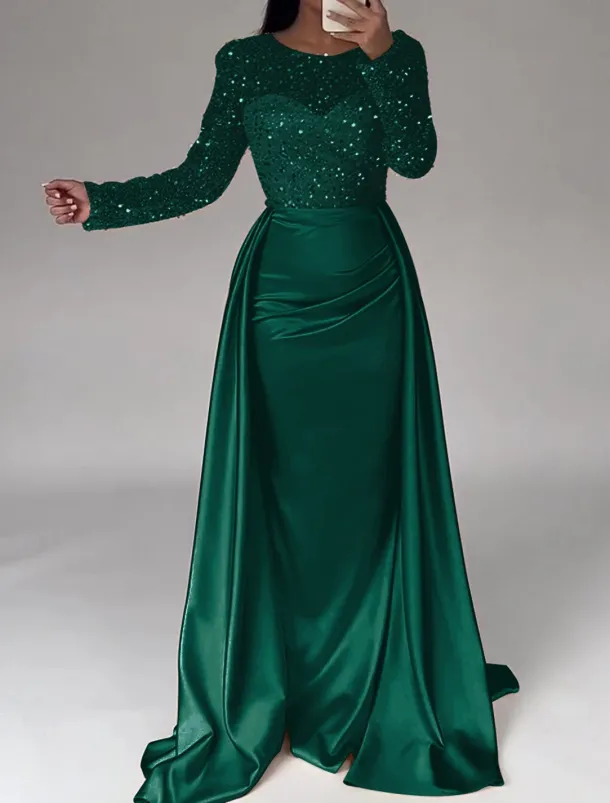 Mermaid Sequin Evening Gown RuchedSatin Dress Long Sleeves Masquerade Floor Length Illusion Neck with Pearls Overskirt dress